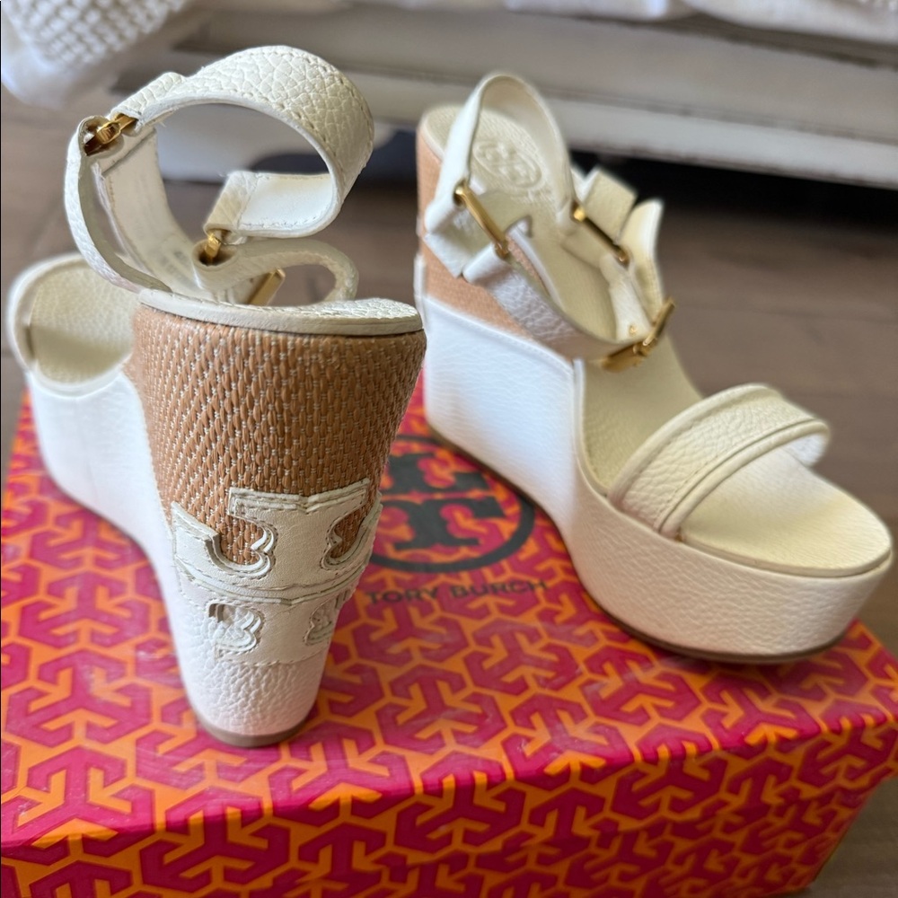 Tory Burch White and Beige Platform Wedge Sandals